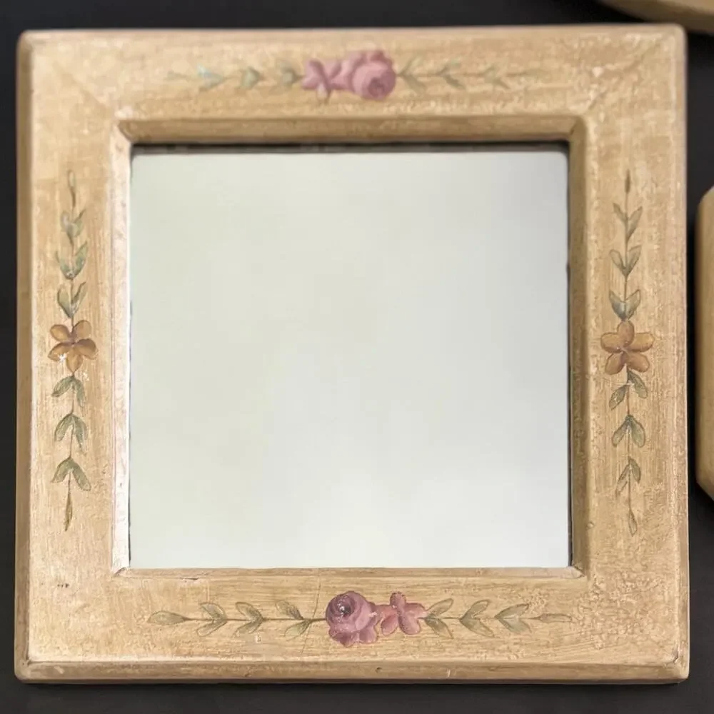 Vintage Mirror Set Hand Painted Cream Pink Rosebud Wall Decor 1980s